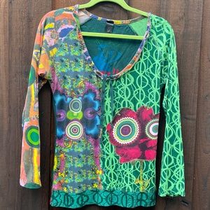 Desigual Marcella colorful green embroidered long sleep top Large Cute
